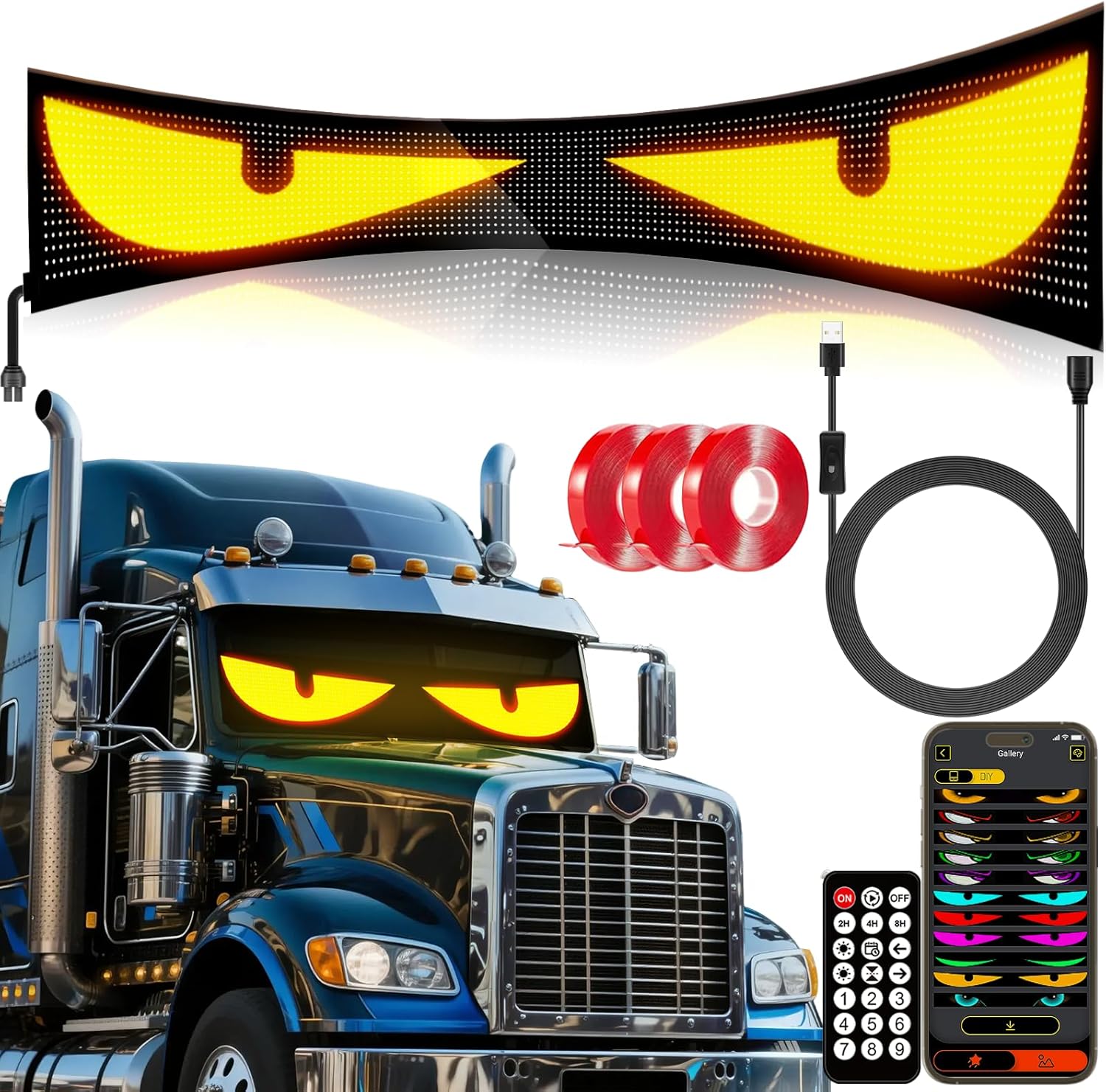 RGB LED Car Matrix Pixel Panel,Heavy-Duty Truck LED Devil's Eye Light Bar - Professional Grade Programmable Dynamic Lighting System with Dual Bluetooth APP & Remote Control - for Semi-Truck/Windshield ModificationTruck Eyes Sign Animation DIY Programmable Bluetooth App Control