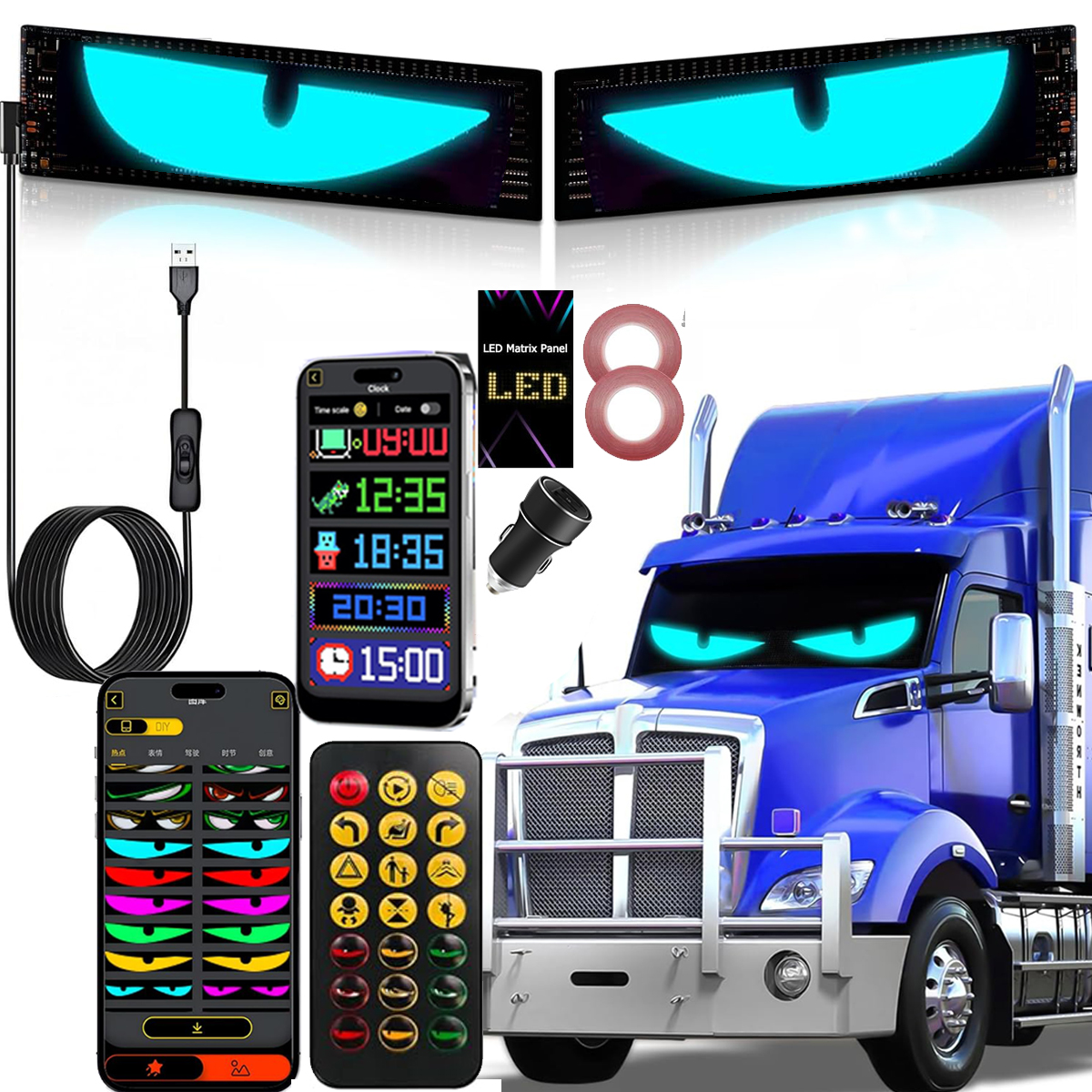 Flexible RGB Pixel LED Sign Board LED Eyes for Car Windshield,Devil Eyes Light for Windshield with Upgraded Chip Two Screens, Windshield Eyes with DIY Flex Display, Lightride Eyes Light for Car Trucks SUV