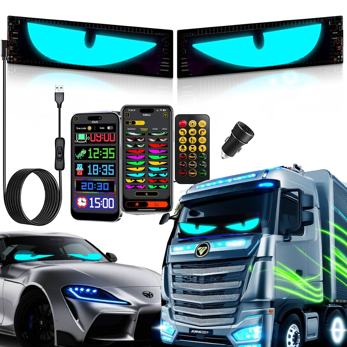 Devil Eyes Light for Cars SUVs,Programmable Flex LED Sign, Led Eyes for Truck Windshield,IP65 Waterproof RGB LED Matrix Screen,with APP Control and Remote Controller