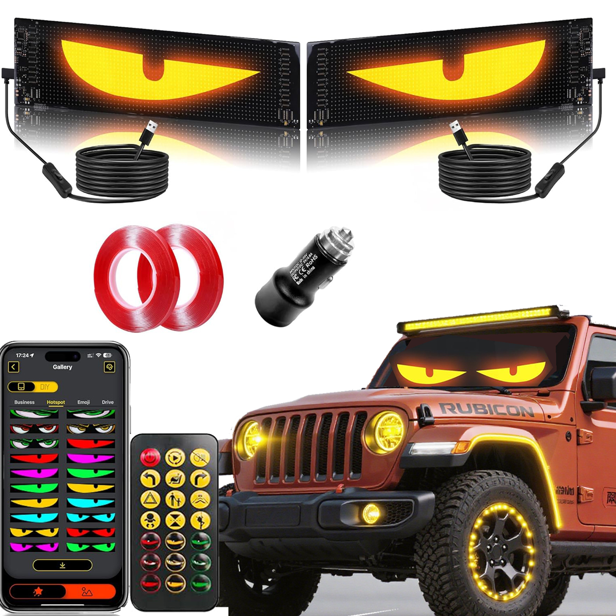 Devil Eyes Light for Cars,Flexible Scrolling Programmable LED Signs,LED Eyes for Truck Windshield,IP68 Waterproof, USB-Powered, Easy Install,Custom Editor Colours,Animations,Text