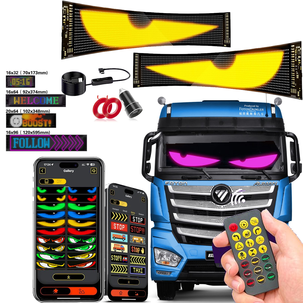 Car LED Scrolling Sign Light,Car Truck LED RGB Programmable Matrix Pixel Panel,Flexible DIY Animation APP Control Scrolling Display Eye Sign Light Screen,RGB APP Control DIY Custom Text Programmable Message Board Display for Car Truck Windshield